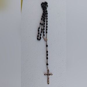 925 ANTIQUE ROSARY BLACK BEADS CROSS CATHOLIC MARY STERLING SILVER  CHRISTIAN